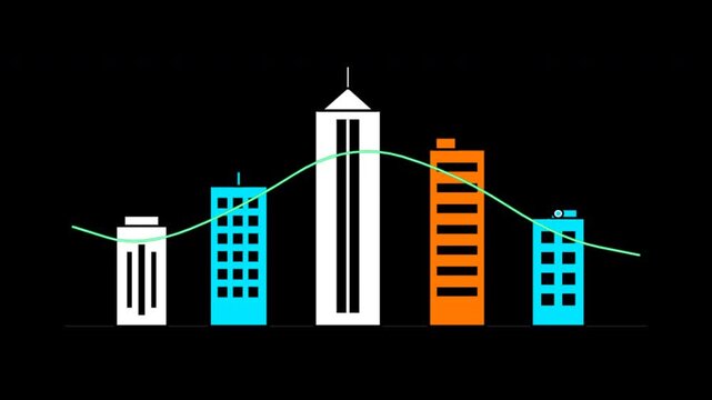 Housing market trend motion with city skyline and fluctuating graph. 4k