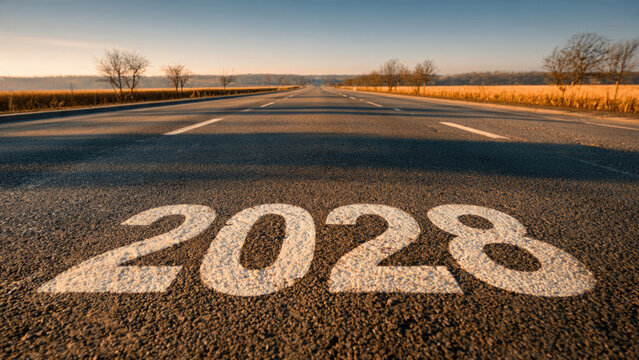 The year 2028 painted on asphalt road with blurred motion in the background