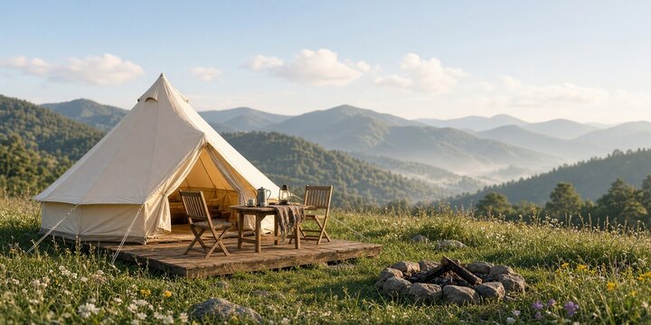 Banni&egrave;re panoramique de glamping avec tente cloche sur terrasse en bois et feu de camp en montagne.
