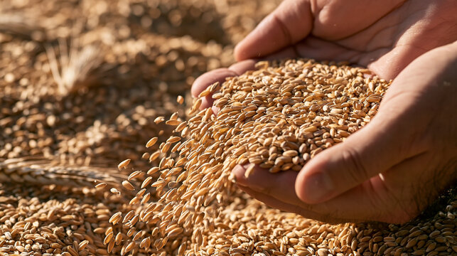 Hands pouring golden wheat grains in sunlight
