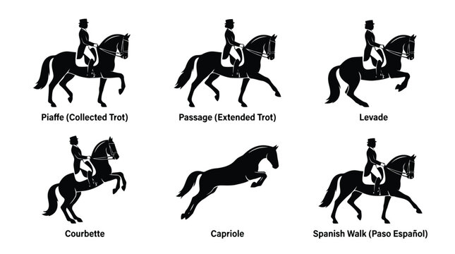 Classical Dressage Horse Movements Silhouette illustration Set isolated on white background