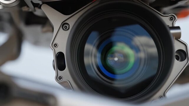 Camera lens fills frame during gradual push closer, revealing blue and green reflections inside black circular rim surrounded by silver metal mounting hardware and softly blurred supports