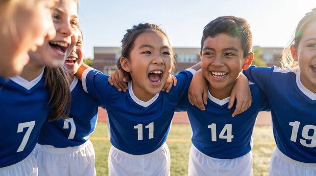 Group of happy young girls in blue soccer jerseys hugging and laughing in a team huddle