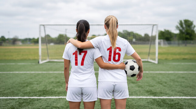Two female soccer players in white jerseys standing with arms around each other facing the goal