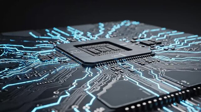 Computer processor chip with glowing blue circuitry lines for artificial intelligence and high performance computing hardware technology