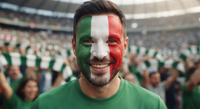 Smiling male soccer fan with Italian flag face paint in a stadium crowd