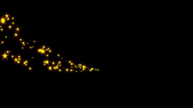 Twinkling star glitter line animation with glowing golden particles, magic pixie dust curve trail, shimmering light streaks, cartoon doodle stars & sparkle transition overlay on black screen. 4k