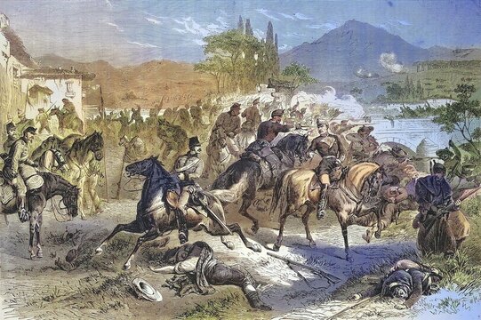 Battle of Alcolea, the troops of Marshal Serrano remove the bridge defended by the royal troops under the command of the Marquis of Novaliches, Defeat of royalist troops, 1868, Spain, Historical, digitally restored reproduction of an original 19th century artwork, exact original date unknown