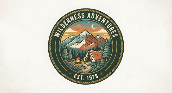 Vintage style retro badge illustration featuring mountain peaks, pine forest, a campsite with a bonfire, and text "Wilderness Adventures Est. 1978".