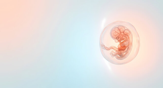 Conceptual 3D illustration of a futuristic glowing artificial womb pod protecting a fetus with copy space for premature baby medical technology.