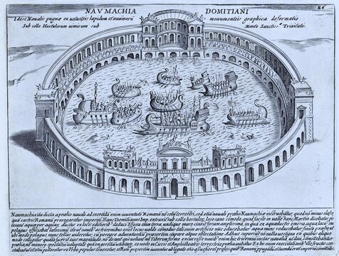 The Naumachia of Domitian. A naumachia refers to the depiction of a naval battle among the Romans, but also to the places where such exhibitions took place, historical Rome, Italy, digital reproduction of a 17th century original, original date not known