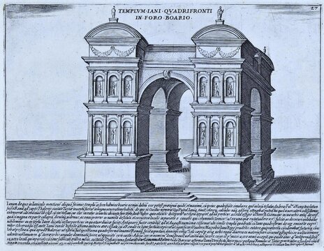 Templum Iani Quadrifronti In Foro Boario, This massive arch of the Janus Quadrifron on the Velabrum marks the northeastern boundary of the Forum Boarium, the cattle market of ancient Rome, 1767, Rome, Italy, digital reproduction of an 18th century original, original date unknown