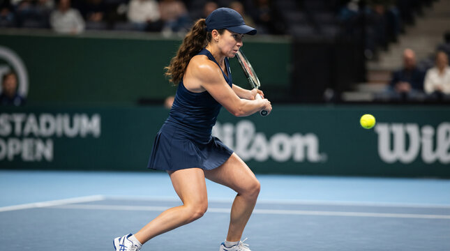 Female tennis player preparing to hit a backhand shot on an indoor blue hard court