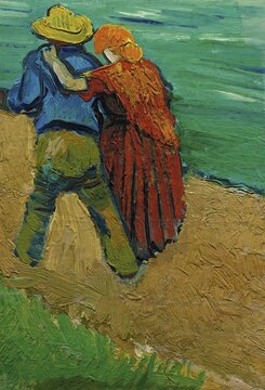 Eclogue in Provence, A Couple in Love (1888), Painting by Vincent Willem van Gogh (born 30 March 1853 in Groot-Zundert, died 29 July 1890 in Auvers-sur-Oise), Dutch painter and draughtsman, one of the founders of modern painting, Illustration, Reproduction from a painting. Authentic, exact date of the original unknown, Historical, A couple in an intimate embrace looking out to sea, depicted in bright colours