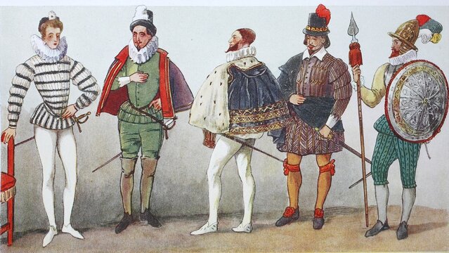 Fashion, at the time r Spanish and Henry III c. 1575-1590, courtiers and bodyguard, from left a mignon, then a French admiral, then r Duke Louis of Nevers from m House of Gonzaga, then a French nobleman and a Gentilhomme la Compagnie, leader r bodyguard, digital improved reproduction after an original from m year 1900, costumes, clothing in France.
