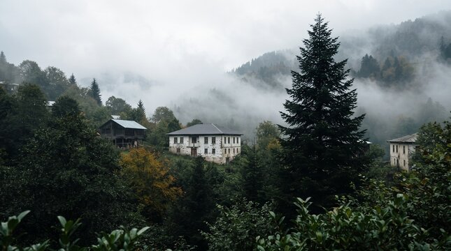 Misty mountain village nestled in dense evergreen forest with foggy