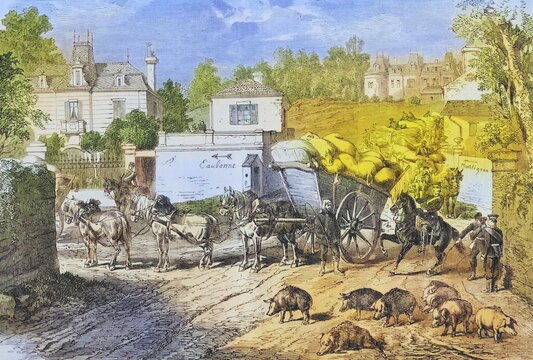 Requisitions convoy passing through Montlignon outside of Paris, illustrated war history, German, French war 1870-1871, Germany, France, Requisitions convoy passing through Montlignon outside of Paris, illustrated war history, German, French war 1870-1871, Germany, France