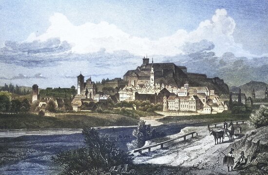 Historical view, 19th century, of the town of Glatz, formerly Silesia, Germany, today Klodzko, Poland, digitally restored reproduction from a 19th century original, Record date not stated