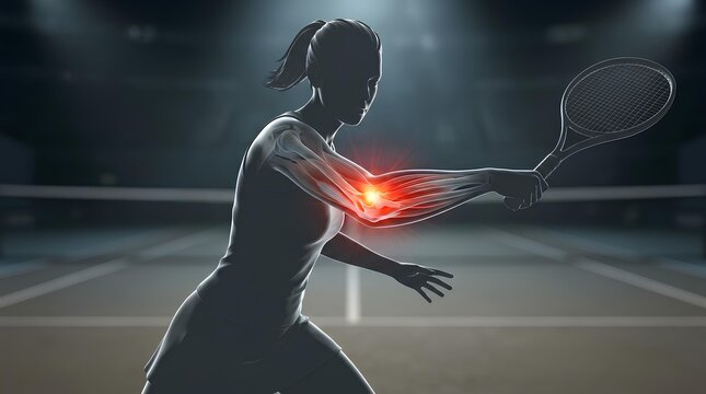 Female tennis player with red glow on elbow joint.