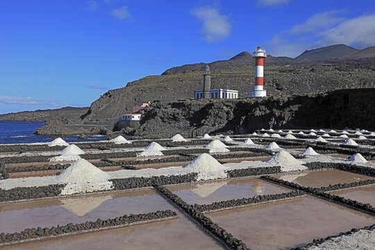 Crystal pools of the salt works in Fuencaliente at the Punta de Fuencaliente, lighthouses at the southern tip of the island, La Palma, Canary Island, Spain