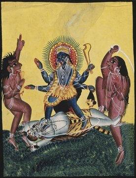 Kali, an important goddess of death in Hinduism, dancing on Siva, 1890, East India, Bengal, Kolkata, Temple Kalighat, Historical, digitally restored reproduction from a 19th century original