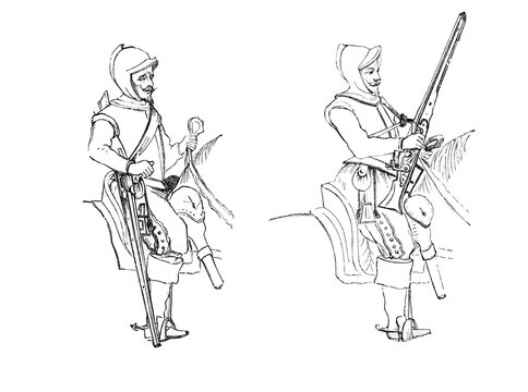 The marching posture of the arquebusiers. Harquebusiers with snap-hance carbines, dated 1632, from the book The British Army, 1868, Historical, digitally restored reproduction from a 19th century original, Record date not stated