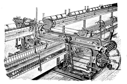 Spinning mill, weaving mill, coating yarn Selfaktor von Th. Wiede aus Chemnitz im Jahre 1890, Germany, Historic, digitally restored reproduction of a 19th century original, exact date unknown