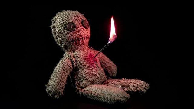 Cinematic 4K Creepy Voodoo Doll with Pierced Heart and Burning Flame Pin sitting in Dark Occult Background
