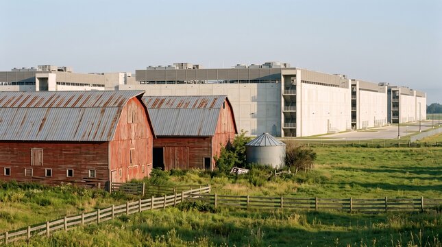 Data Center Next To Farm Barns With Rusty Metal Roofs And A Grain Bin In A Green Meadow In Morning Sun