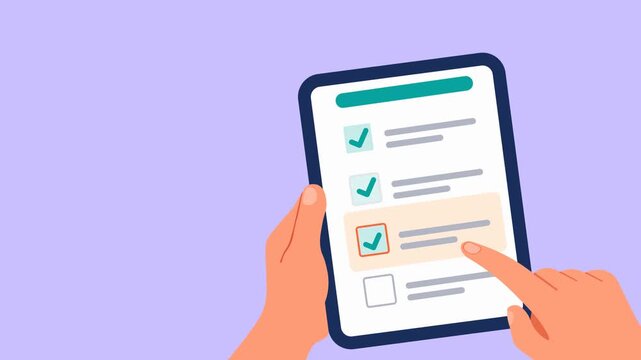 Hand Tapping Checkboxes To Complete A Digital Checklist On A Tablet. Flat 2D Animation. Task Management, Productivity, And Online Survey Form On A Light Purple Background. Copy Space 