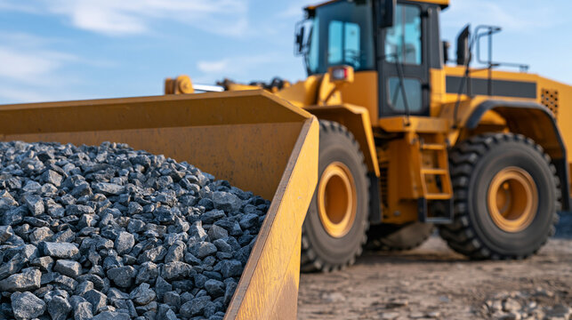 Heavy construction loader transports gravel material