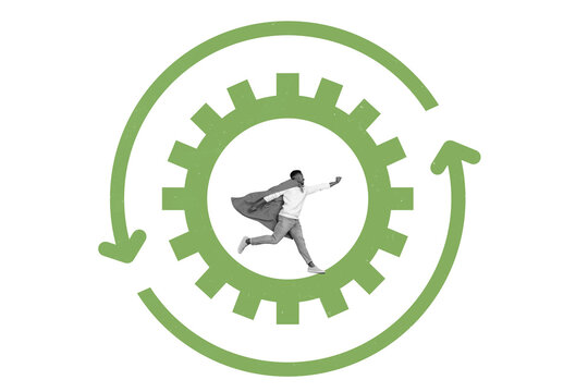 Creative composite sketch design artwork collage of young man superhero tun gear arrow circle aim strategy development business success