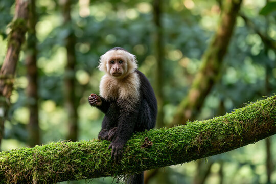 White-faced capuchin monkey sitting on mossy branch in