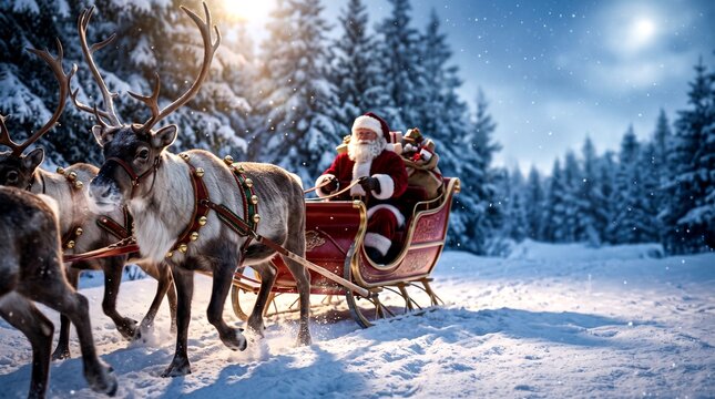 Cinematic Santa Claus riding red sleigh pulled by reindeer through snowy winter forest landscape with festive gifts and magical atmosphere