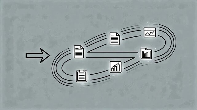 Graphic illustration of data workflow with arrows documents and charts