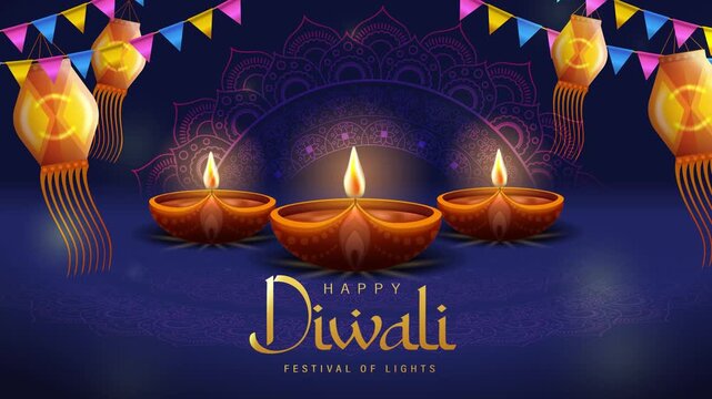 Festive Diwali Celebration Animation with Three Glowing Traditional Oil Lamps, Colorful Bunting Flags, Hanging Lanterns and Golden Greeting Typography on a Dark Blue Background, 4K. India Festival of 
