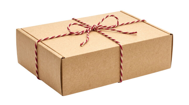 Brown cardboard gift box tied with red and white baker's twine, eco-friendly shipping package, rustic holiday parcel on white background