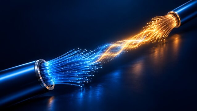 Glowing Fiber Optic Cables Transmitting High Speed Digital Data Streams and Networking Signals