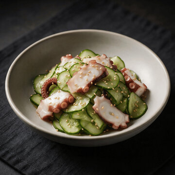Japanese Tako Sunomono Salad with Sliced Octopus, Cucumber, and Sesame Seeds in a Ceramic Bowl