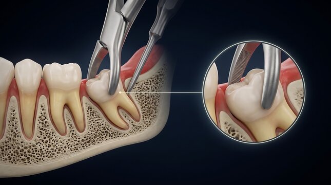 Detailed anatomical illustration of a wisdom tooth extraction procedure using dental forceps, showing the tooth being removed from the jawbone.