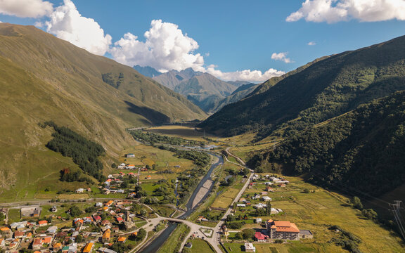Aerial View of Sno Village and Sno Valley in the Kazbegi Region of Georgia
