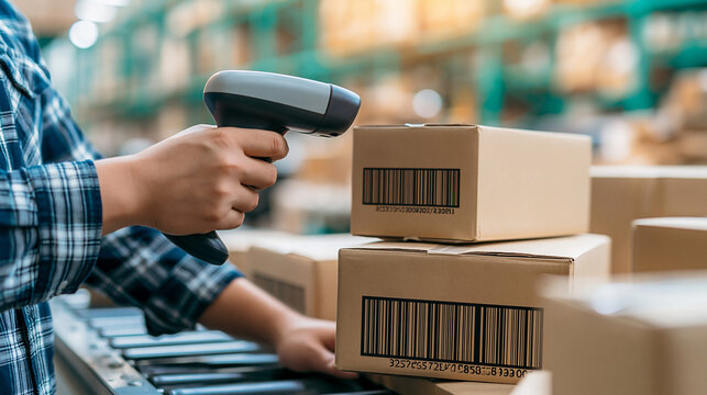 Warehouse worker scanning barcodes on cardboard boxes with
