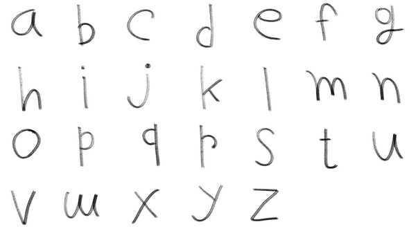 Handwritten lowercase alphabet PNG set. Full English twenty-six letters, a to z. Childlike simple design, education, learning, school. For kids crafts, teaching materials. Isolated transparent object.
