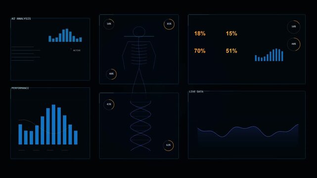 Futuristic digital interface showing biometric data analysis graphs and skeleton scan in motion stock footage clip