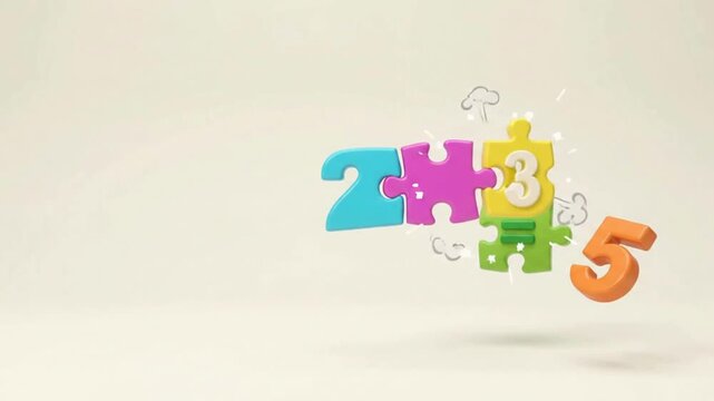 Math Puzzle Pieces Connecting to Solve a Colorful Addition Equation