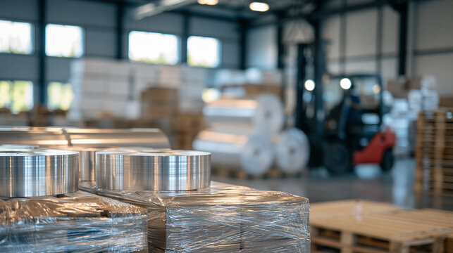Industrial metal coils stored on pallets in warehouse