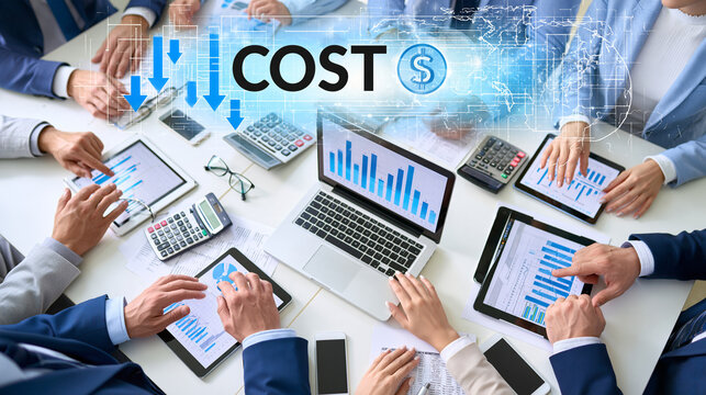 business team analyzing cost reduction strategies with digital
