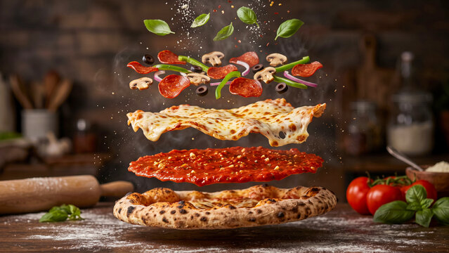 deconstructed pepperoni pizza showing levitating ingredients