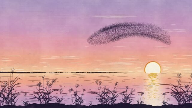 Starling murmuration flock swirling over reeds at sunset, linocut print style animation, pastel sky background with copy space, seamless loop
