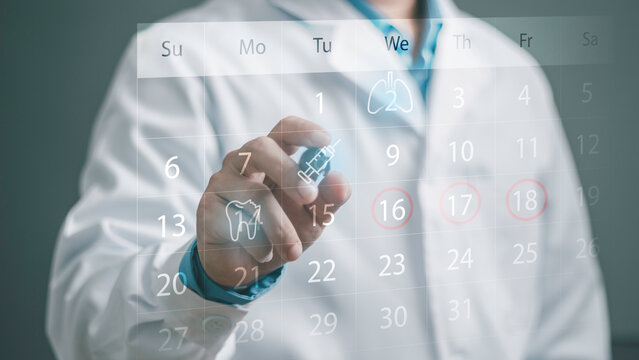 Medical appointment planning, checkups, consultations, and patient scheduling. Doctor using a smartphone with a digital calendar and highlighted health dates. Blood pressure measurement.